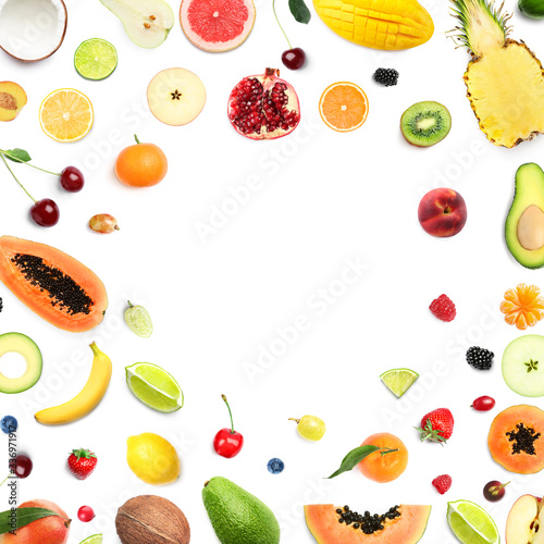 Frame made with different fruits on white background, flat lay
