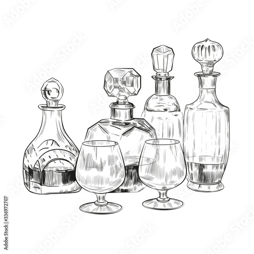 .Vector sketch with glasses and alcoholic  drinks  in crystal glasses.Hand drawn aperitif or digestive. Vintage style..