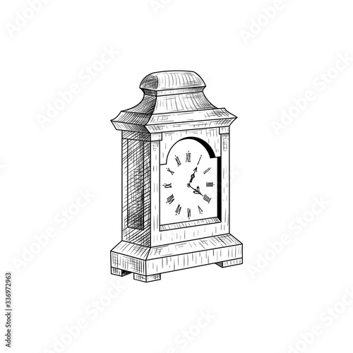 .Vintage desk clock in a plane wooden body. Hand-drawn vector illustration in a sketch style. Antiques.