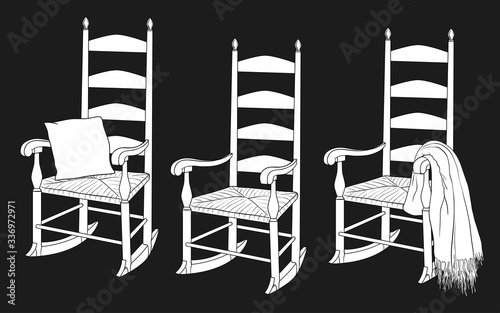 ..Rocking chair. Linear collection of rocking chairs with various accessories. Hand-drawn vector illustration. Isolated design elements. Clipart.