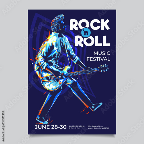Rock n roll poster template. Guitarist with duckwalk style illustration. Rockabilly pompadour hair guitar player with colorful strokes of paint.