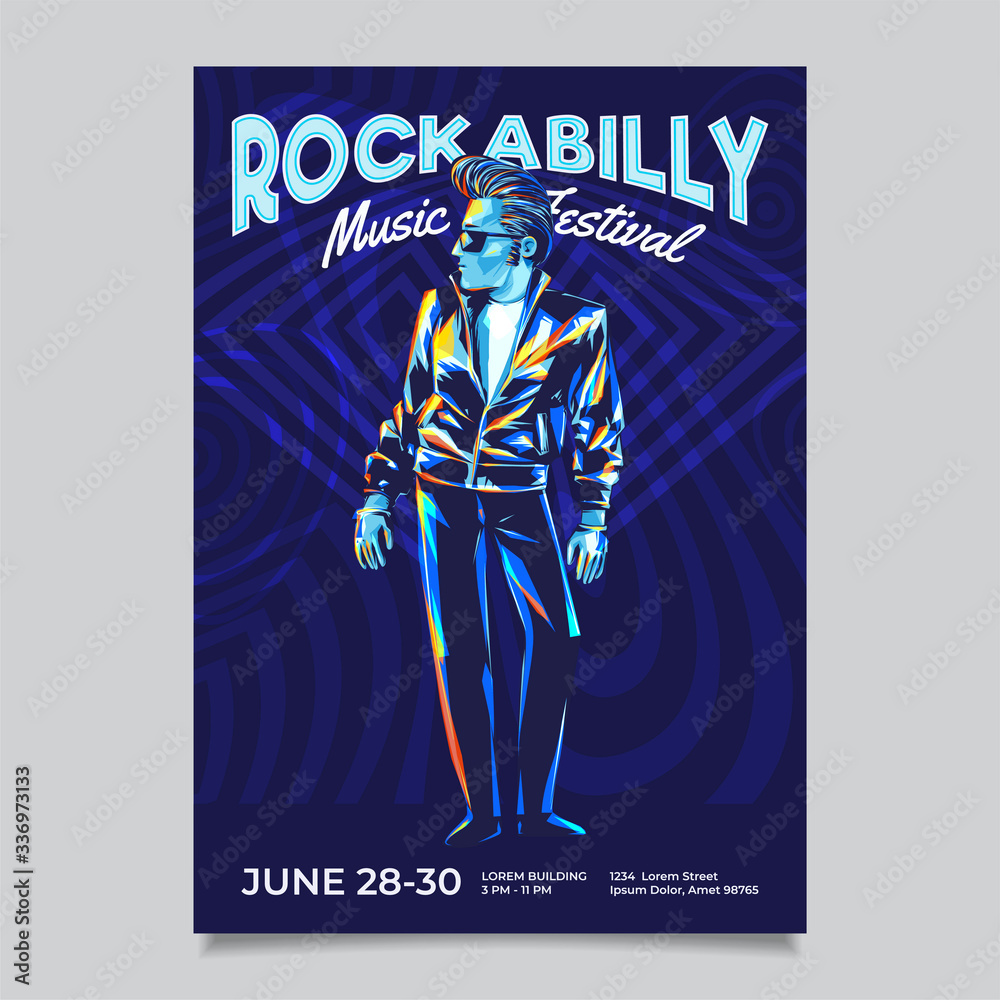 Rockabilly rock n roll music festival event poster template. Cool character  with pompadour hairstyle and leather jacket. Stock Vector | Adobe Stock