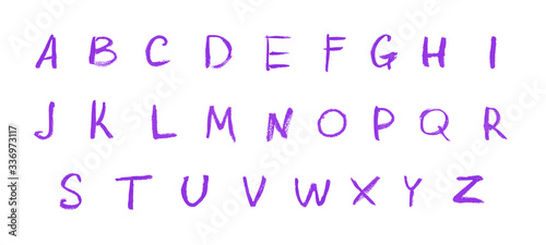Alphabet letters written with colourful lipstick chalk pencil paint purple isolated on white background