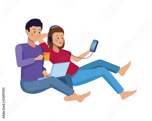Fototapeta Naklejka Na Ścianę i Meble -  couple using smartphone and laptop characters