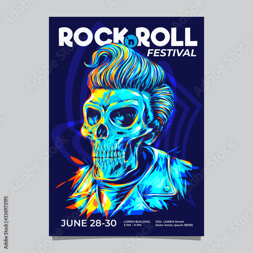 Rock 'n roll music festival or event template with pompadour hair syle skull head illustration.