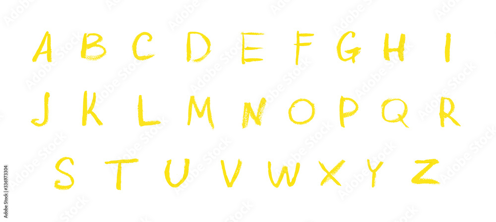 Alphabet letters written with colourful lipstick chalk pencil paint yellow isolated on white background Alphabet letters written with colourful lipstick chalk pencil paint yellow isolated on white background
