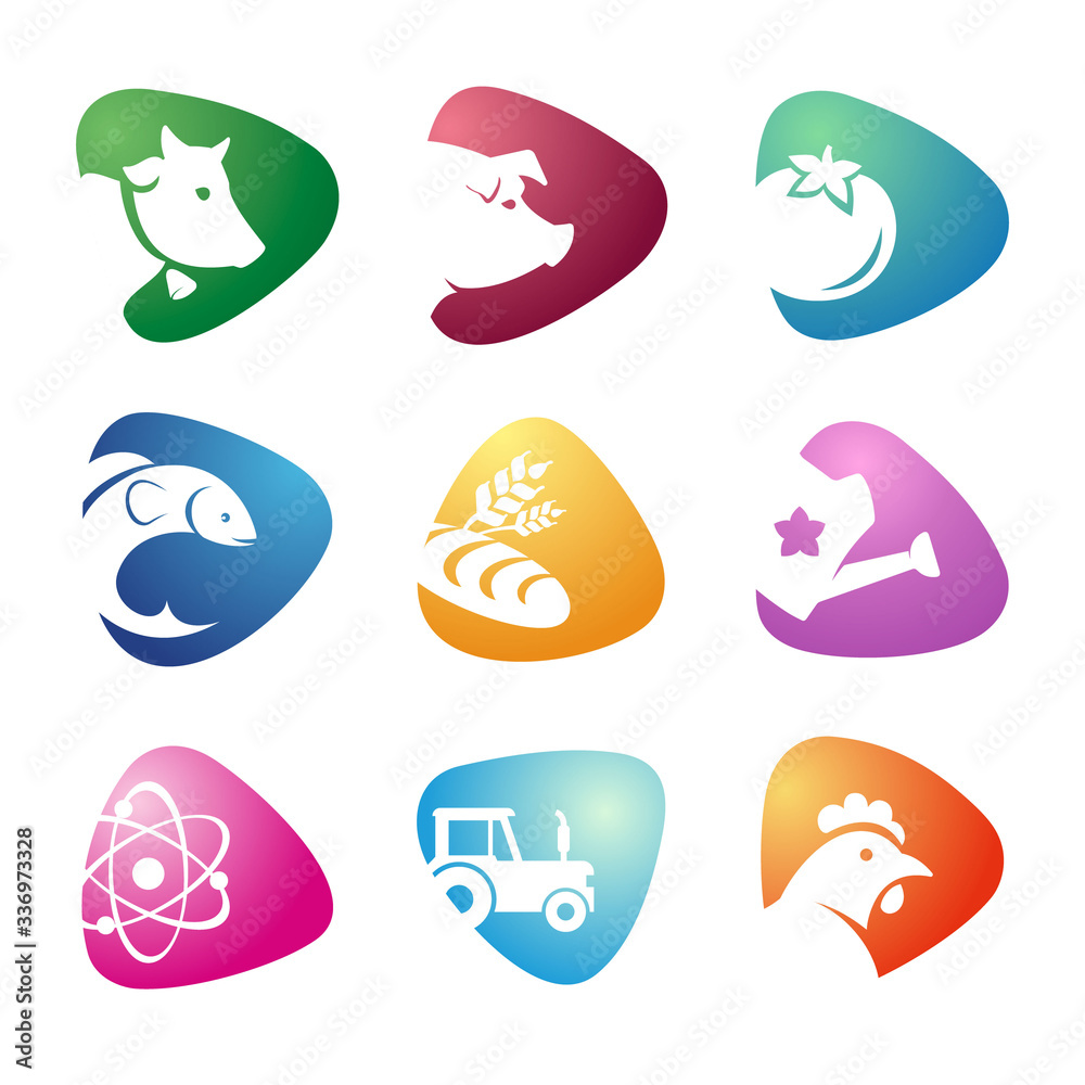 Set of farming harvesting and agriculture decorative icons set of animals, plants, tools