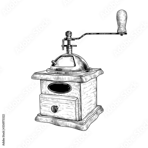 .Vintage manual coffee grinder. Hand-drawn vector illustration of a sketch style. Isolated object..