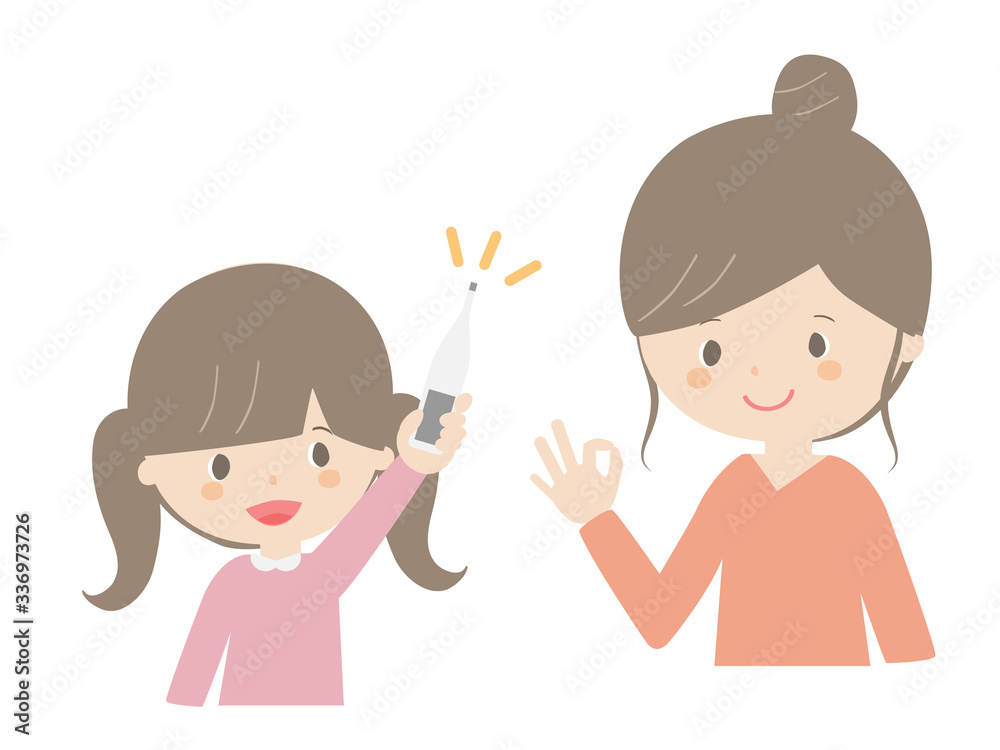Girl showing thermometer to mother. Girl showing thermometer to mother.