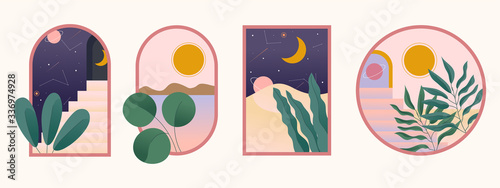 Minimal illustration in various frames with stairs, arches, plants and other objects.
