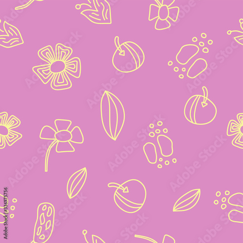 Seamless pattern with leaves, stones, flowers, batterfly, grass. Yellow elements at pink. Cute and funny. For children textile, scrapbooking, wallpaper and wrapping paper. Spring and summer ornament.