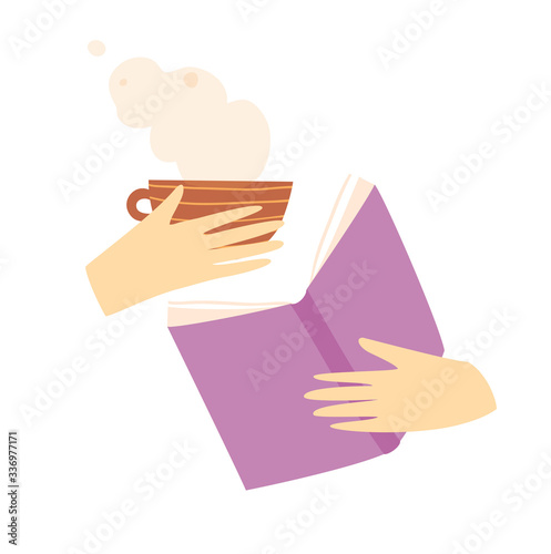 Hands holding book and cup of tea or coffee studying education hobby and relaxation symbol. Flat hand drawn vector artistic icons design, earthy color.