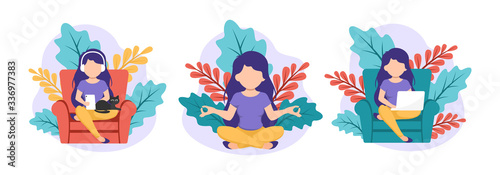 Stay home concept. woman doing yoga, work at home, relaxing. Self isolation, quarantine due to coronavirus. Set of illustration of home activities