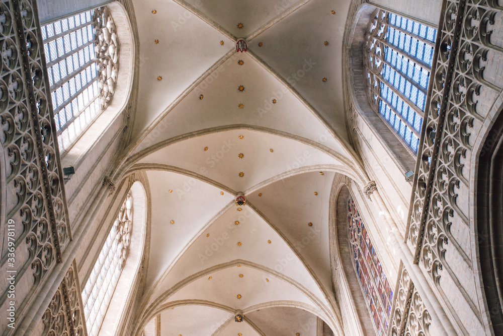 Antwerp, Belgium interior arches and vaulted ceiling of the Cathedral of our lady