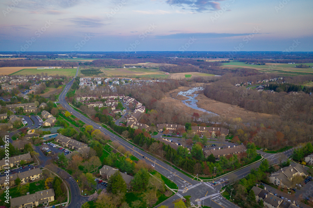 Aerial Sunset of Farmland in Plainsboro/Princeton