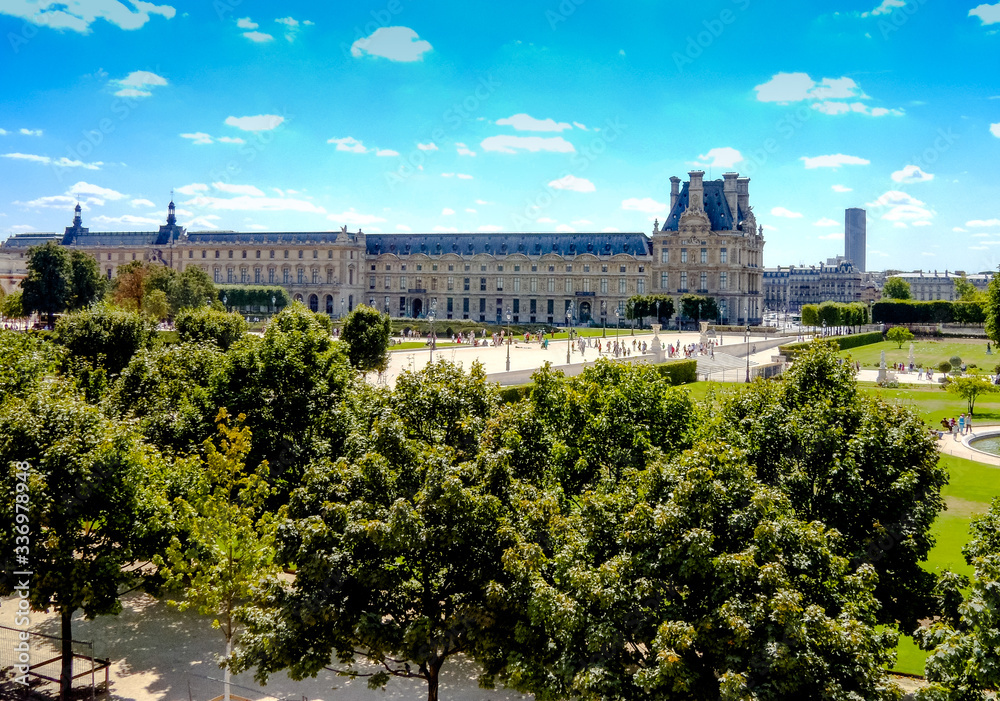 Louvre Palace Museum and triangle glass in Paris, view from above
