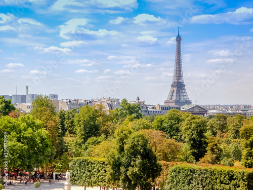 panoramic view of Paris  View of the Eiffel Tower, View from the distance and above, beautiful green city parks