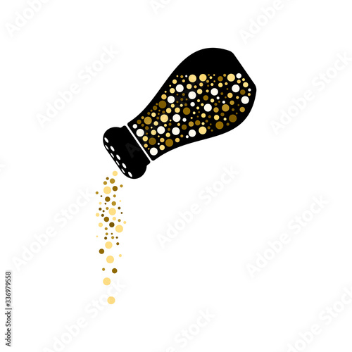 Seasoning shaker icon with yellow powder strewing. Flat vector illustration.