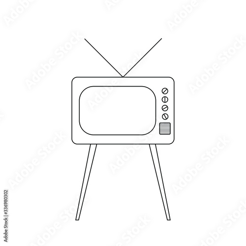The vector picture or icon of old TV set or television with antenna made by means of black lines on the white background