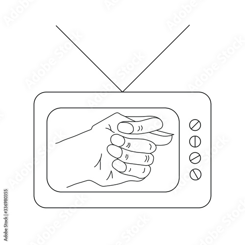 The vector picture or icon of old TV set or television with antenna with fico or fog gesture on display or screen made by means of black lines on the white background. Concept of fool television shows