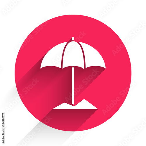 White Sun protective umbrella for beach icon isolated with long shadow. Large parasol for outdoor space. Beach umbrella. Red circle button. Vector Illustration