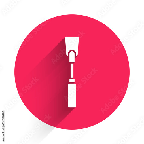 White Leather whip icon isolated with long shadow. Fetish accessory. Sex toy for adult. Red circle button. Vector Illustration