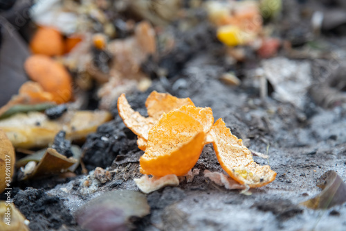 orange peel from the mandarin lies on the garbage compost heap. close up, soft focus