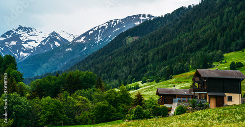Idyllic alpine landscape scenery with traditional farmhouse and fresh green meadows, blooming flowers, and snowcapped mountain tops in spring.