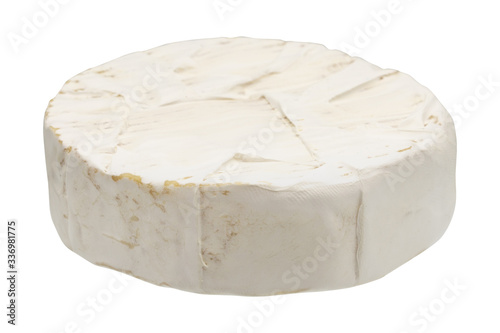 Camembert or brie cheese isolated on white background. Soft cheese covered with edible white mold view from above.