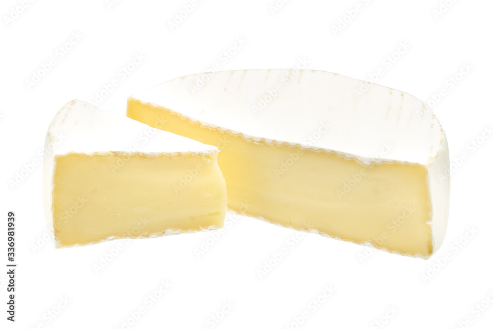Camembert or brie cheese isolated on white background. Soft cheese covered with edible white mold view from above.