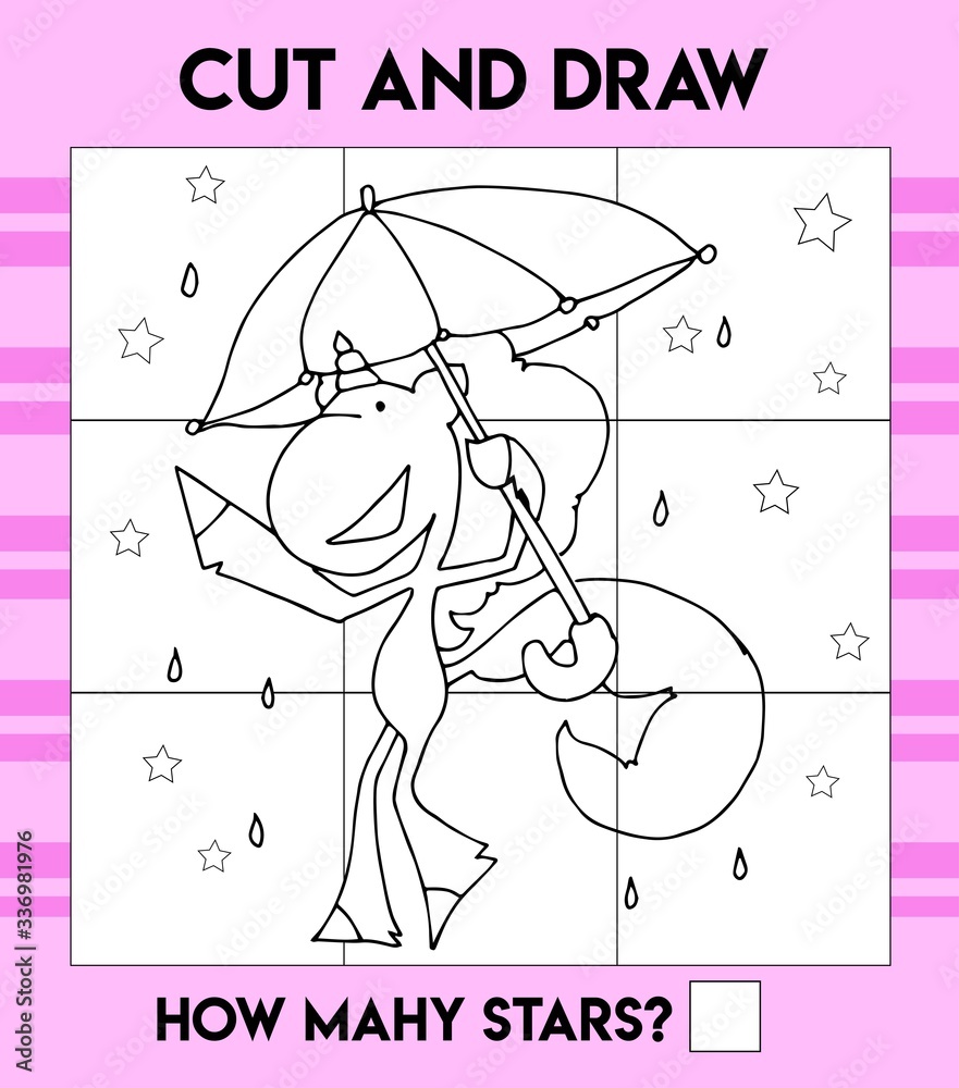 Coloring book for kids unicorn with an umbrella. Black and white cute