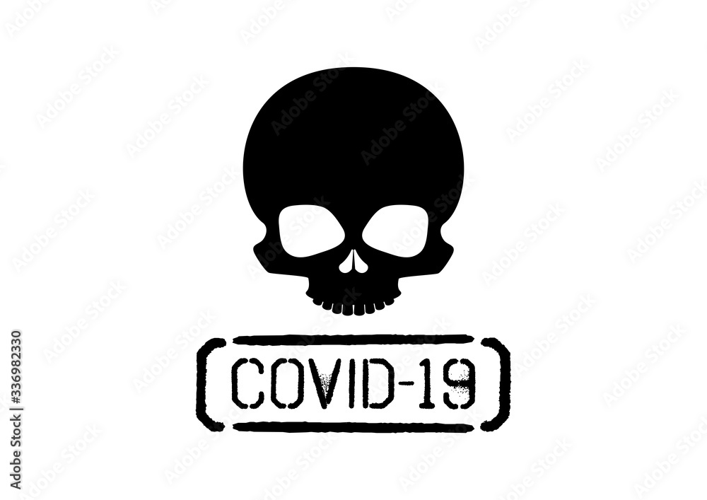 COVID-19 stamp print with skull vector. Skull black silhouette icon. Human skull vector. Grunge covid-19 stamp icon. Coronavirus disease icon isolated on a white background. COVID-2019 clip art