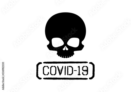 COVID-19 stamp print with skull vector. Skull black silhouette icon. Human skull vector. Grunge covid-19 stamp icon. Coronavirus disease icon isolated on a white background. COVID-2019 clip art