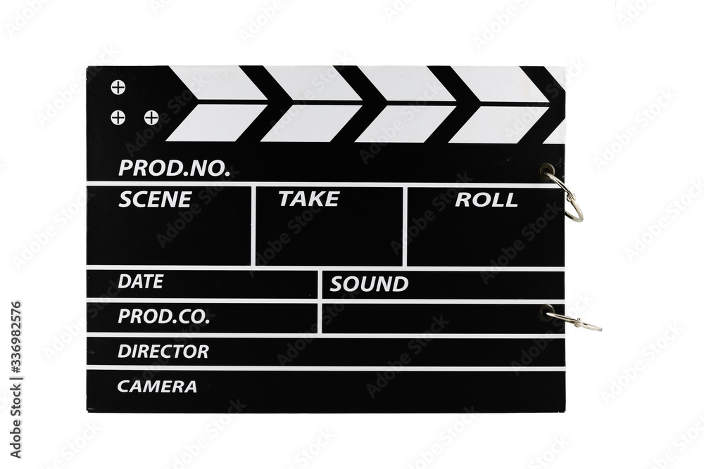 Empty cinema clap board with scene, director, sound type of set information headers, isolated on white background.