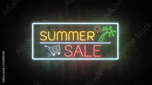 SUMMER SALE neon light on wall. Sale banner blinking neon sign style for promo video. concept of sale and clearance