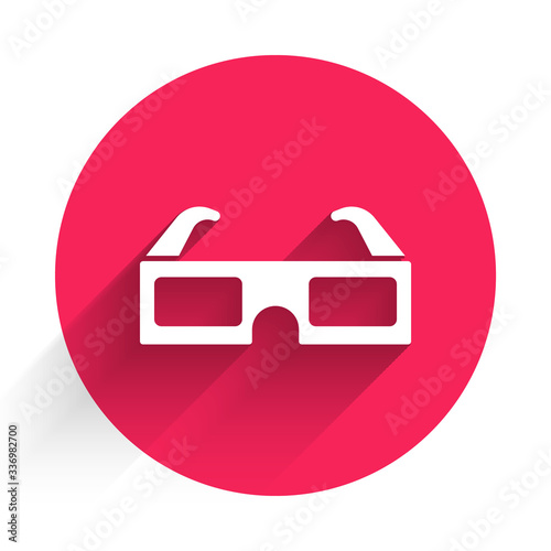 White 3D cinema glasses icon isolated with long shadow. Red circle button. Vector Illustration