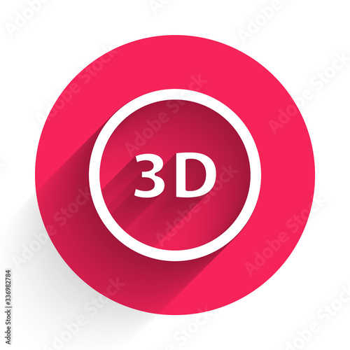 White 3D word icon isolated with long shadow. Red circle button. Vector Illustration