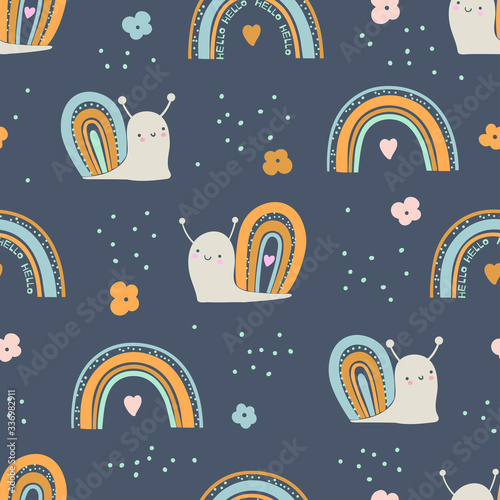 Seamless pattern with cute little snails