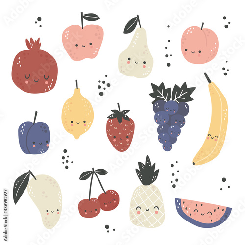 Fototapeta Naklejka Na Ścianę i Meble -  Set of cute cartoon fruits. Vector illustration