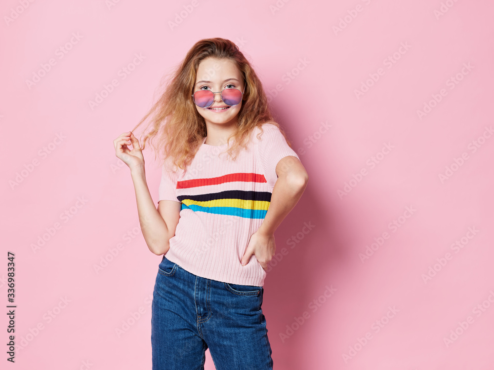 Cheerful fashionable girl Studio modern style smile pink background Cheerful fashionable girl Studio modern style smile pink background