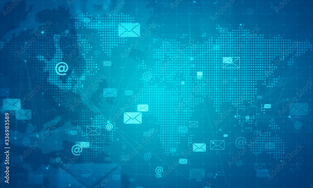 The Mail Icon Digital Network with dots map on a blue background