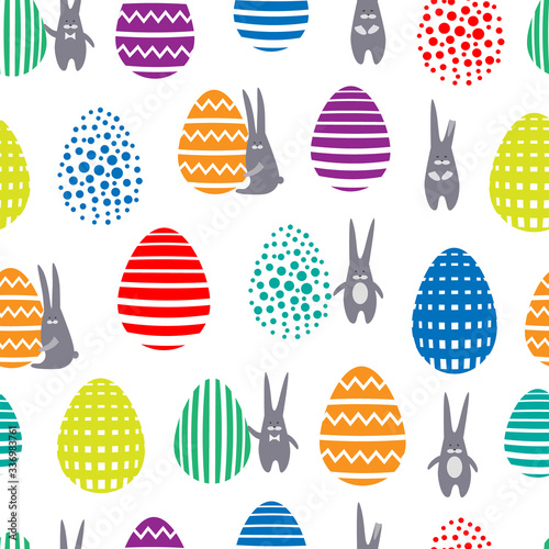 Colorful seamless vector pattern with bunny and eggs on white background.