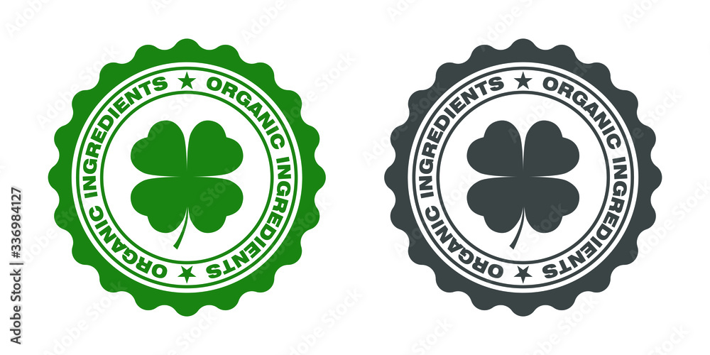Organic ingredients label stamp. Green leaves plants as symbol natural ingredients: foods, cosmetic, pharmaceuticals products. Logo design template. Vector illustration Organic ingredients label stamp. Green leaves plants as symbol natural ingredients: foods, cosmetic, pharmaceuticals products. Logo design template. Vector illustration
