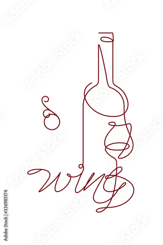 Wine glass and bottle. Single line. Drawing in modern style. Design element for wine tasting, menu, wine list, restaurant, winery, shop, vineyard, booklet,.brochure design. Continuous line