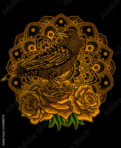 crow raven rose mandala-vector