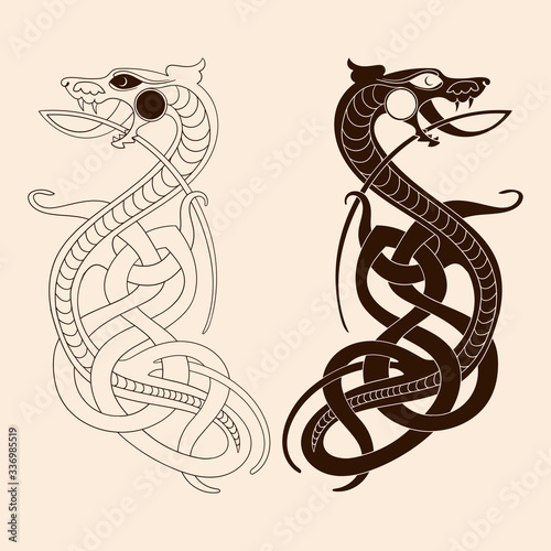 Celtic national ornament in the form of two dragons isolated on a beige background.
