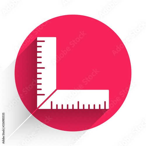 White Corner ruler icon isolated with long shadow. Setsquare, angle ruler, carpentry, measuring utensil, scale. Red circle button. Vector Illustration