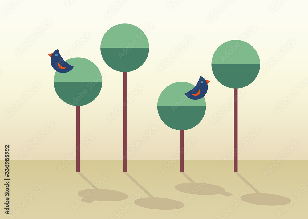 Abstract landscape of birds on trees in the daylight, in flat style Abstract landscape of birds on trees in the daylight, in flat style