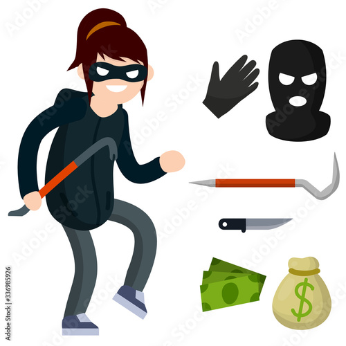 Thief with crowbar. Female offender sneaks. Cartoon flat illustration. Criminal problem. Woman robber in black with mask. Set of object - bag, money, knife