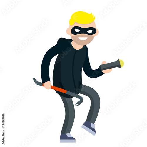 Thief with crowbar. Criminal problem. Man robber in black with mask. Male offender sneaks. Cartoon flat illustration